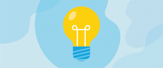 Illustrated yellow light bulb set against a blue background.