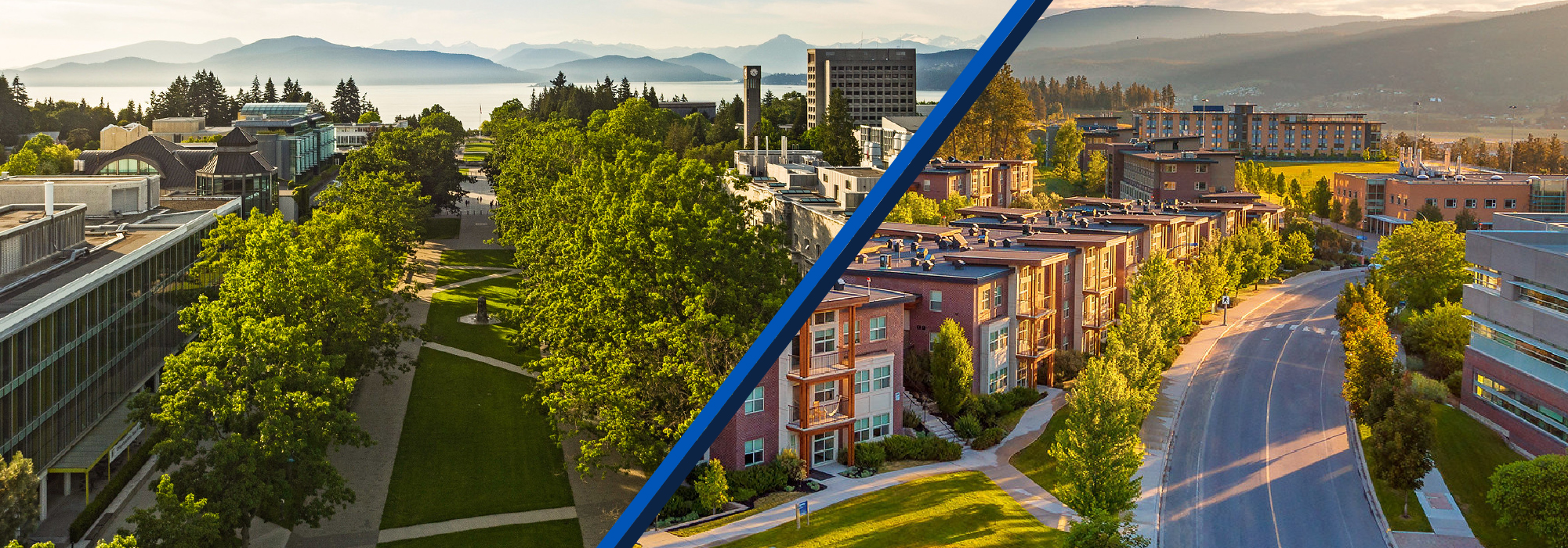 Birds eye view of UBC Vancouver's campus placed besides a birds eye view of UBC Okanagan's campus.